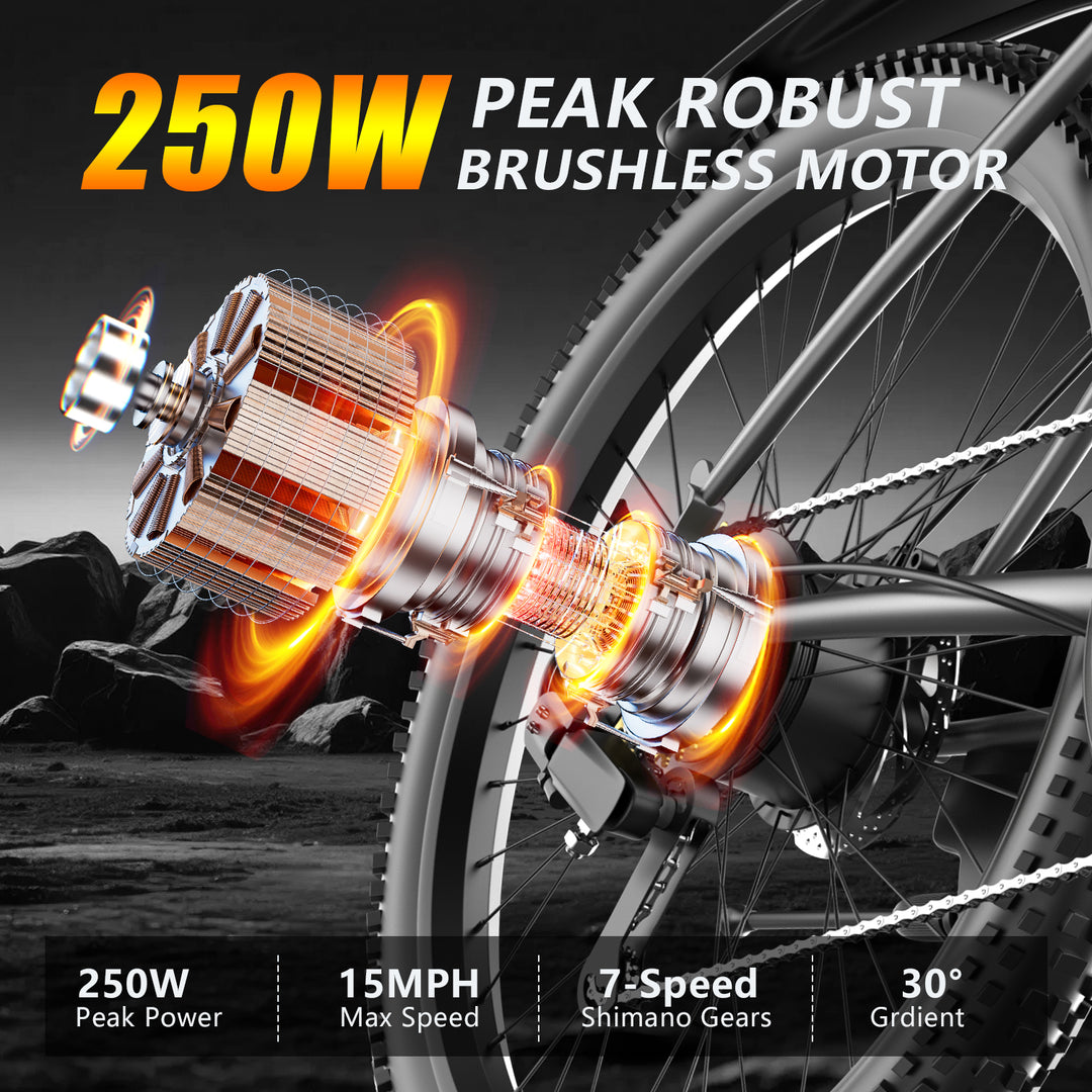 GUNAI Super-G73 26'' Electric Mountain Bike 250W Motor 7-Speed E-Bike with Suspension Fork LED Light Disc Brake