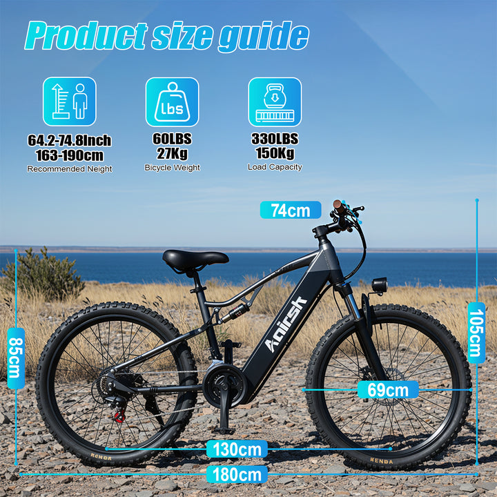 Aairsk XT90 26″Electric Bike with Full Suspension Peek 1500W Motor