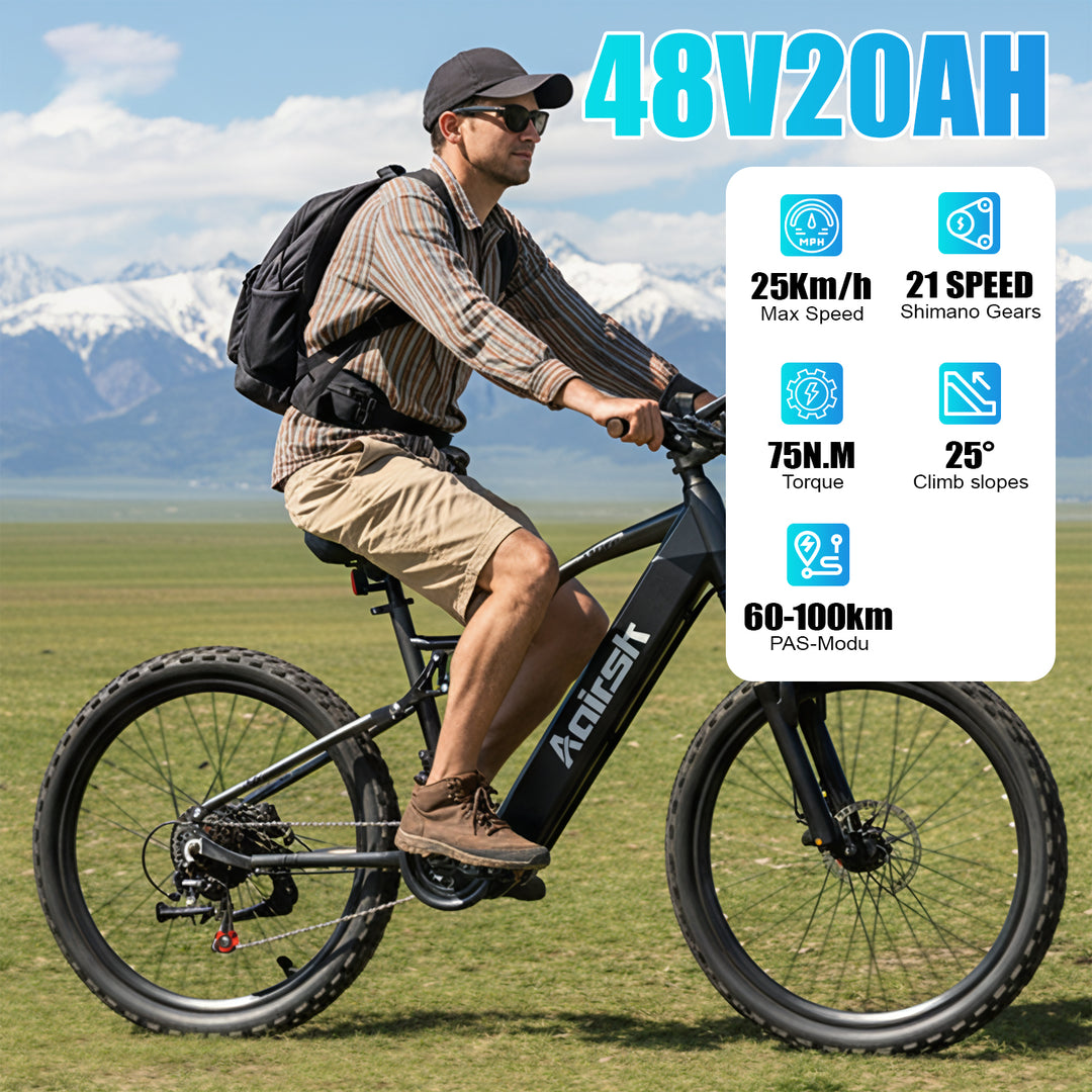 Aairsk XT90 26″Electric Bike with Full Suspension Peek 1500W Motor