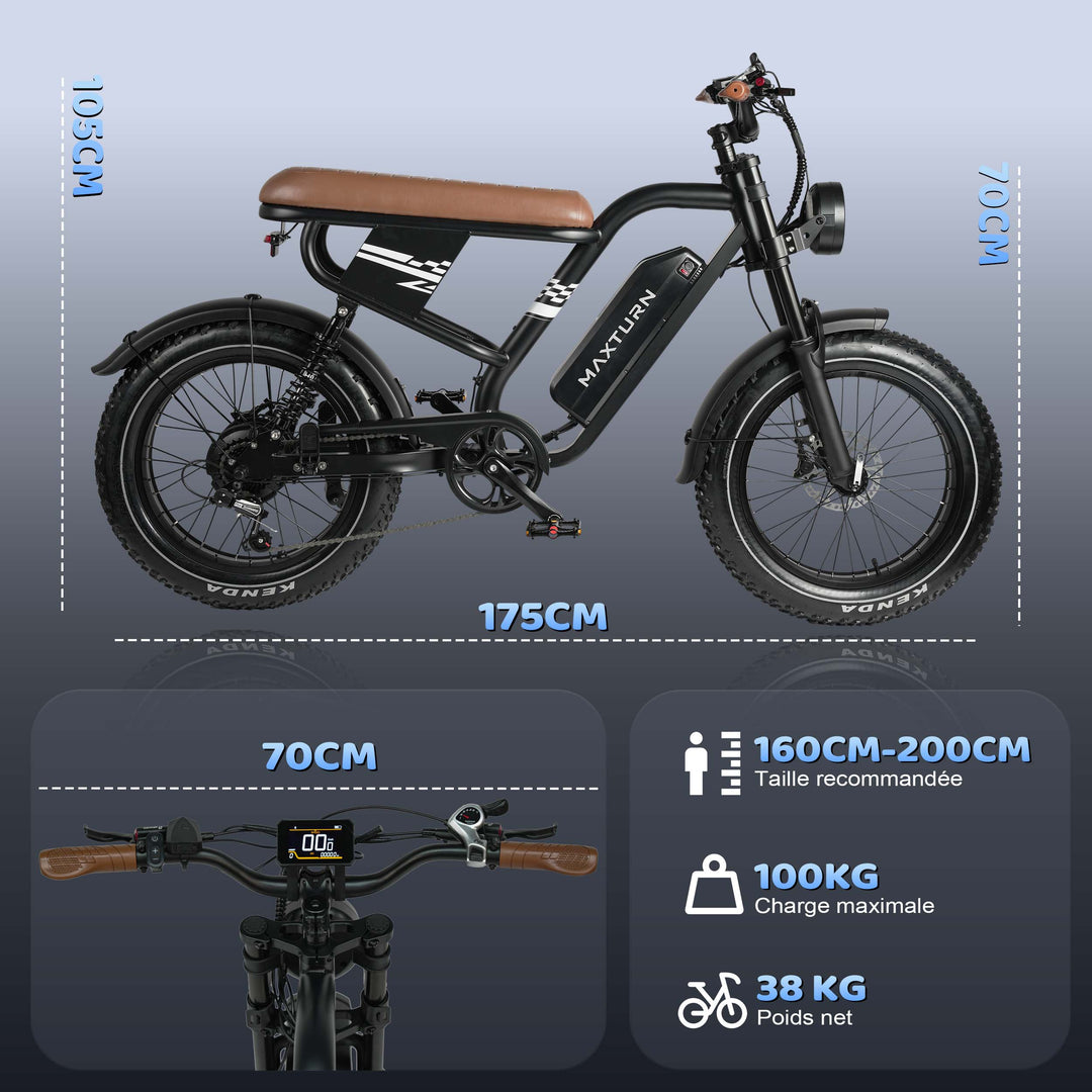 MAXTURN MX10 Electric Bike 48V 13Ah 500W Peak Motor Recommended Top Speed 25KM/H(45KM/H no limite) 20*4.0inch Tires 80-100KM Max Range 180KG Max Load Electric Bicycle